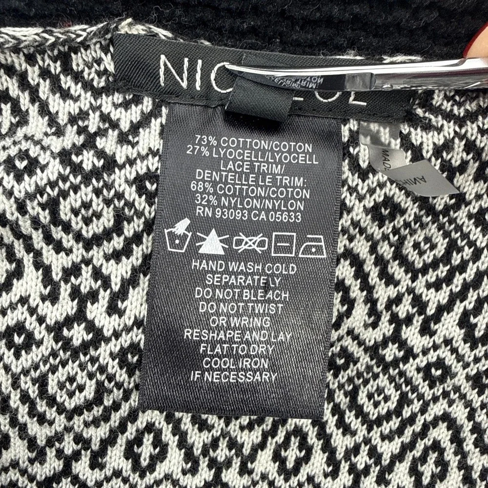NIC+ZOE Womens Geometric Lace Trim Knit Jacket Cardigan Black White‎ Medium